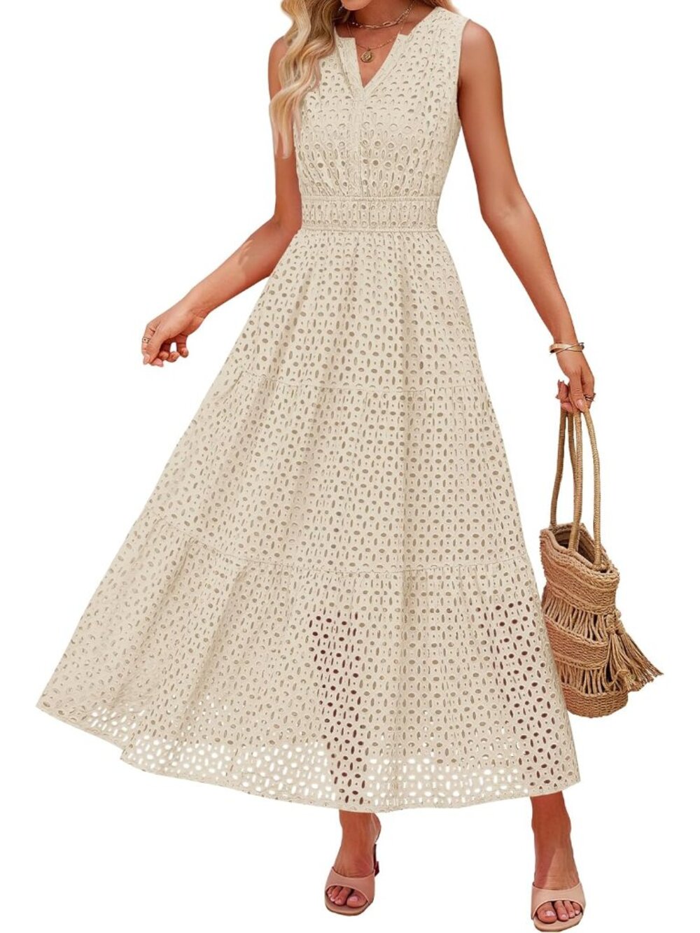 Women's Apricot V-Neck Sleeveless Maxi Dress